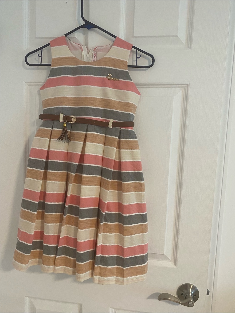 Que Striped Sleeveless Dress in Pink, Cream, Tan & Gray